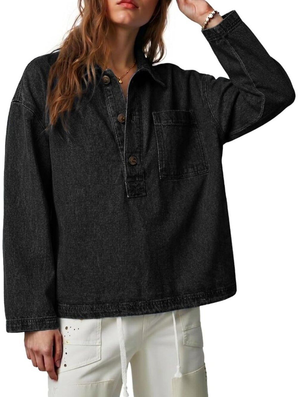 Women’s Black Denim Long Sleeve Button Up V Neck Jean Shirt Top Blouses